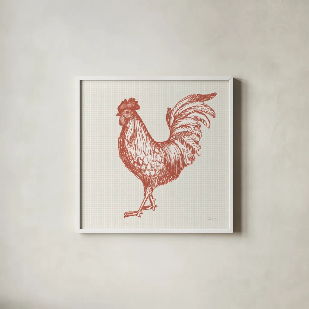Cottage Rooster IV Red by Sue Schlabach. Shown in a crisp white glass frame for a clean and minimalist style. Available as an archival giclee rolled canvas, fine art paper, or poster print. SKU 77419a.