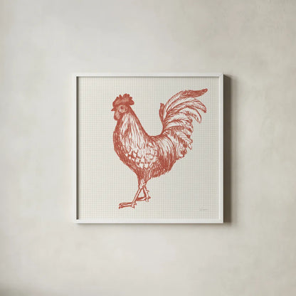 Cottage Rooster IV Red by Sue Schlabach. Shown in a crisp white glass frame for a clean and minimalist style. Available as an archival giclee rolled canvas, fine art paper, or poster print. SKU 77419a.