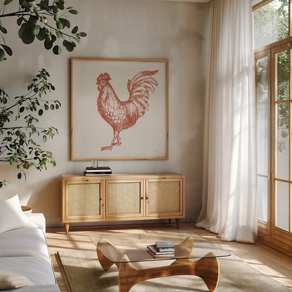 Cottage Rooster IV Red by Sue Schlabach. Shown in a natural wood frame in a cozy modern living room. Available as an archival giclee rolled canvas, fine art paper, or poster print. SKU 77419a.