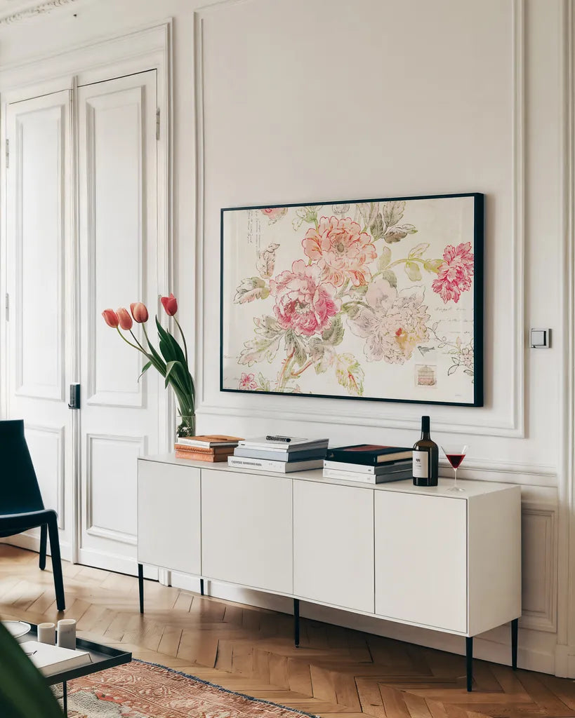 Cottage Roses I by Sue Schlabach. shown as a framed stretched canvas in a living room above a console. Available as a archival giclee rolled canvas, fine art paper, or poster print. SKU 31596i.