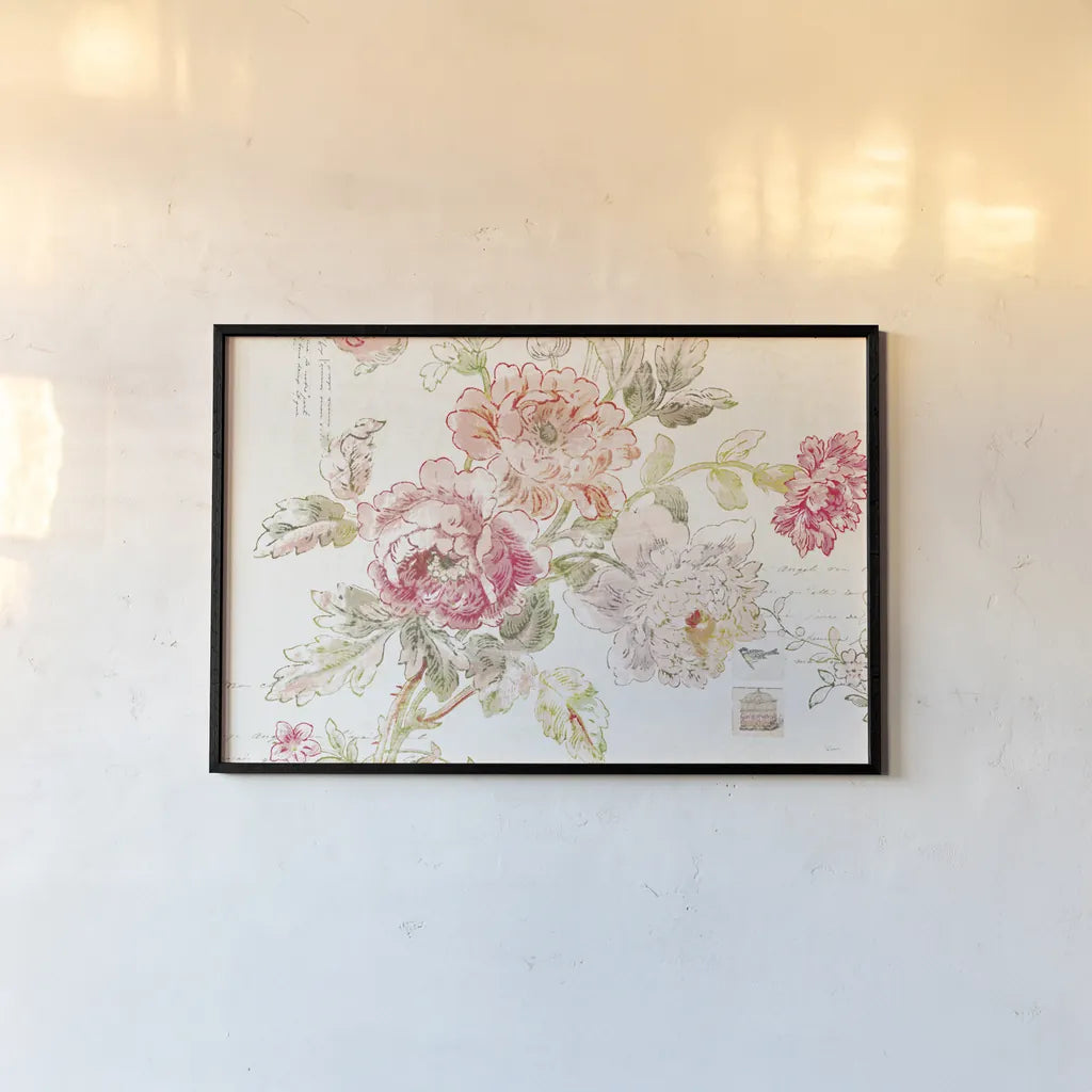 Cottage Roses I by Sue Schlabach. shown as a paper print in a black flame. Available as a archival giclee rolled canvas, fine art paper, or poster print. SKU 31596i.