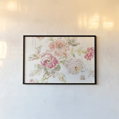 Cottage Roses I by Sue Schlabach. shown as a paper print in a black flame. Available as a archival giclee rolled canvas, fine art paper, or poster print. SKU 31596i.