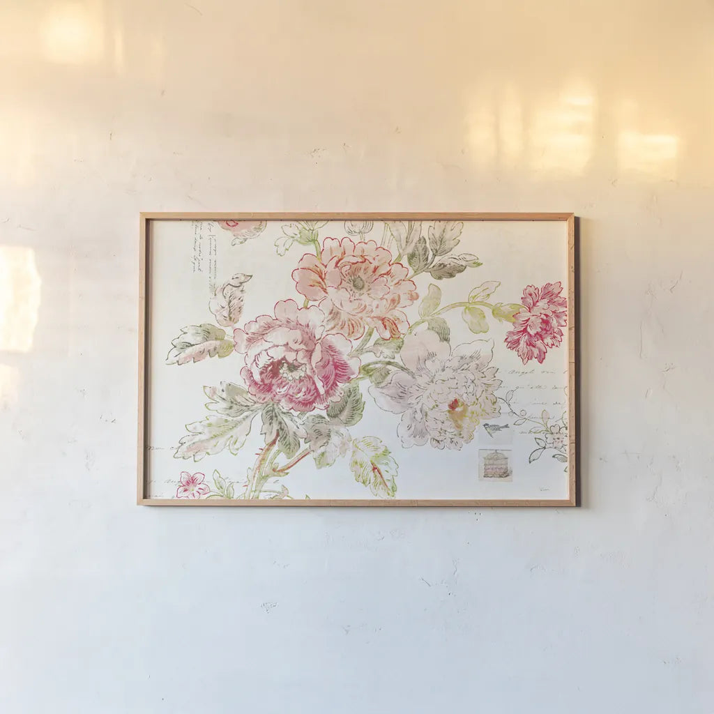 Cottage Roses I by Sue Schlabach. shown as a paper print in a natural frame. Available as a archival giclee rolled canvas, fine art paper, or poster print. SKU 31596i.