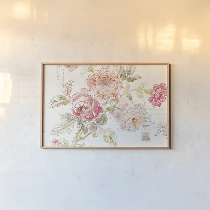 Cottage Roses I by Sue Schlabach. shown as a paper print in a natural frame. Available as a archival giclee rolled canvas, fine art paper, or poster print. SKU 31596i.