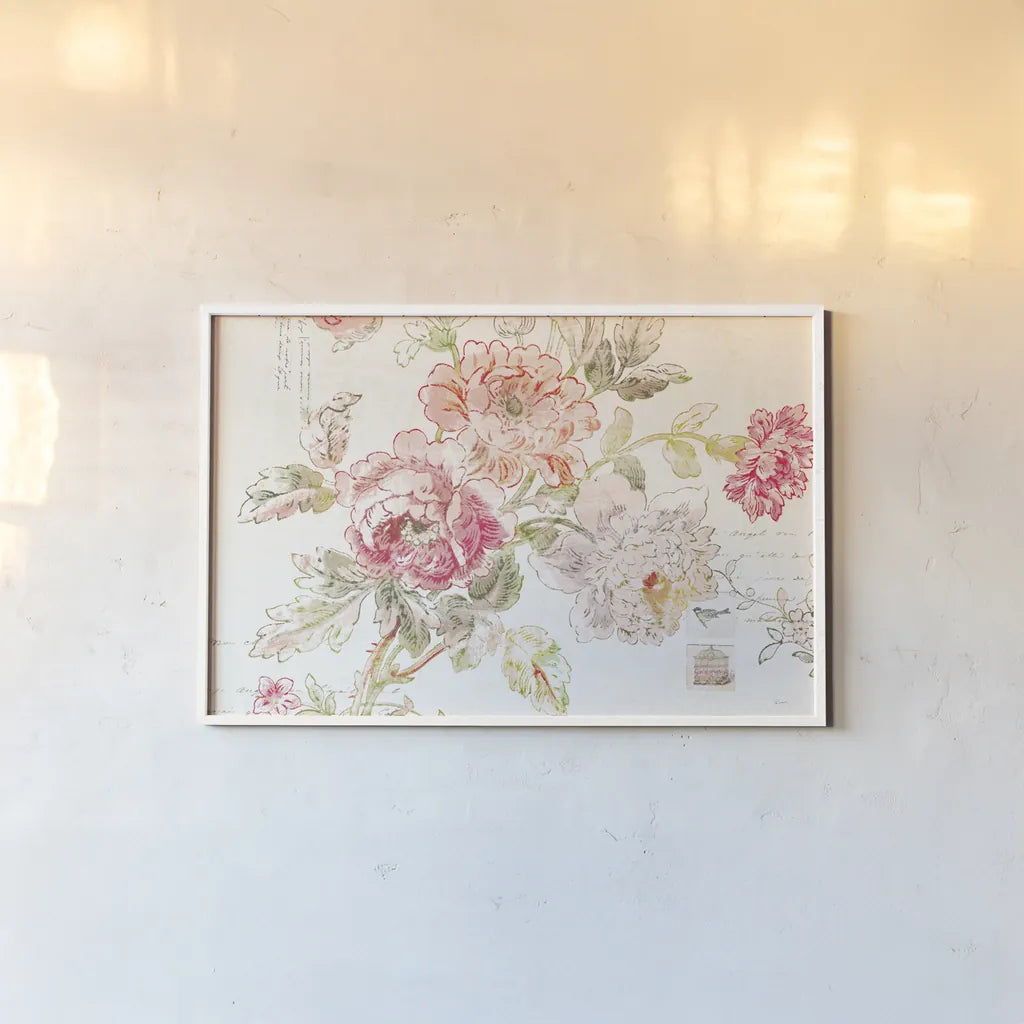 Cottage Roses I by Sue Schlabach. shown as a paper print in a white frame. Available as a archival giclee rolled canvas, fine art paper, or poster print. SKU 31596i.
