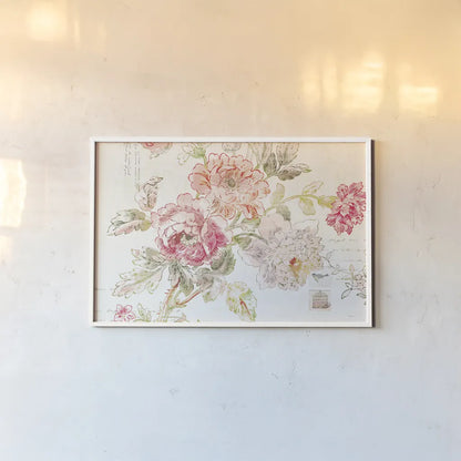 Cottage Roses I by Sue Schlabach. shown as a paper print in a white frame. Available as a archival giclee rolled canvas, fine art paper, or poster print. SKU 31596i.