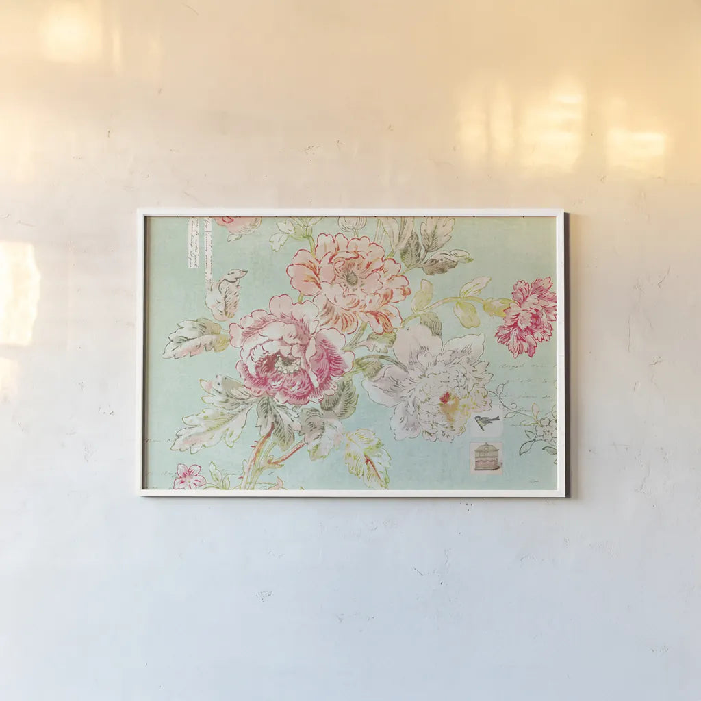Cottage Roses I Blue by Sue Schlabach. shown as a paper print in a white frame. Available as a archival giclee rolled canvas, fine art paper, or poster print. SKU 31599i.