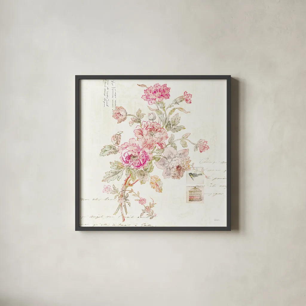 Cottage Roses II by Sue Schlabach. Shown in a sleek black glass frame for a contemporary gallery look. Available as an archival giclee rolled canvas, fine art paper, or poster print. SKU 31597a.