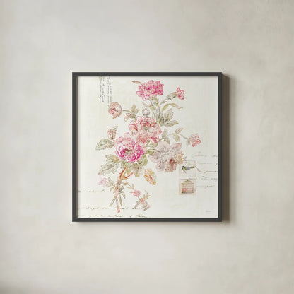 Cottage Roses II by Sue Schlabach. Shown in a sleek black glass frame for a contemporary gallery look. Available as an archival giclee rolled canvas, fine art paper, or poster print. SKU 31597a.