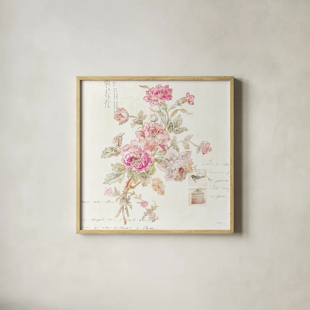 Cottage Roses II by Sue Schlabach. Shown in a natural wood glass frame for a timeless modern aesthetic. Available as an archival giclee rolled canvas, fine art paper, or poster print. SKU 31597a.