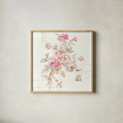 Cottage Roses II by Sue Schlabach. Shown in a natural wood glass frame for a timeless modern aesthetic. Available as an archival giclee rolled canvas, fine art paper, or poster print. SKU 31597a.