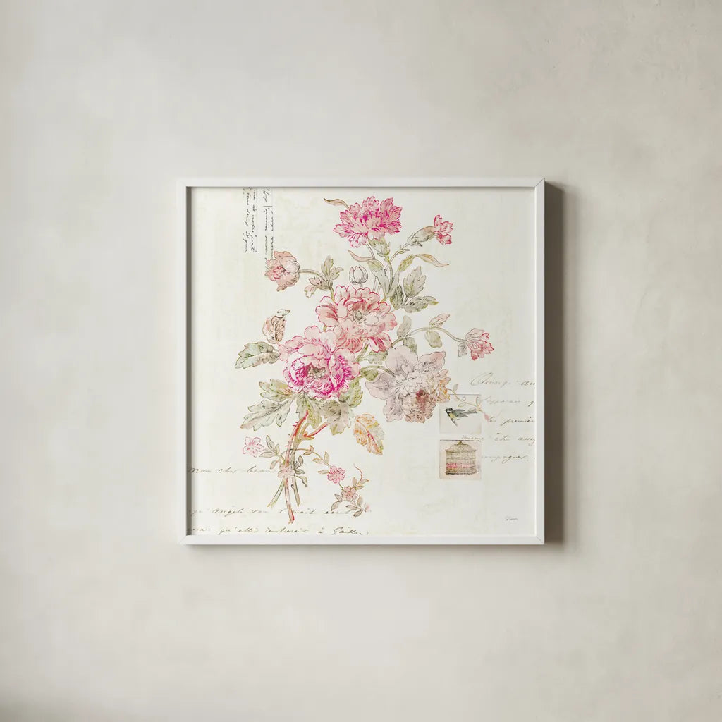 Cottage Roses II by Sue Schlabach. Shown in a crisp white glass frame for a clean and minimalist style. Available as an archival giclee rolled canvas, fine art paper, or poster print. SKU 31597a.
