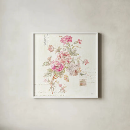 Cottage Roses II by Sue Schlabach. Shown in a crisp white glass frame for a clean and minimalist style. Available as an archival giclee rolled canvas, fine art paper, or poster print. SKU 31597a.