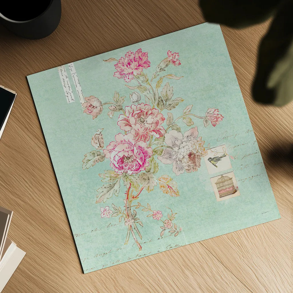 Cottage Roses II Blue by Sue Schlabach. Shown as a detailed flat fine art print, highlighting archival giclee quality. Available as an archival giclee rolled canvas, fine art paper, or poster print. SKU 31600a.