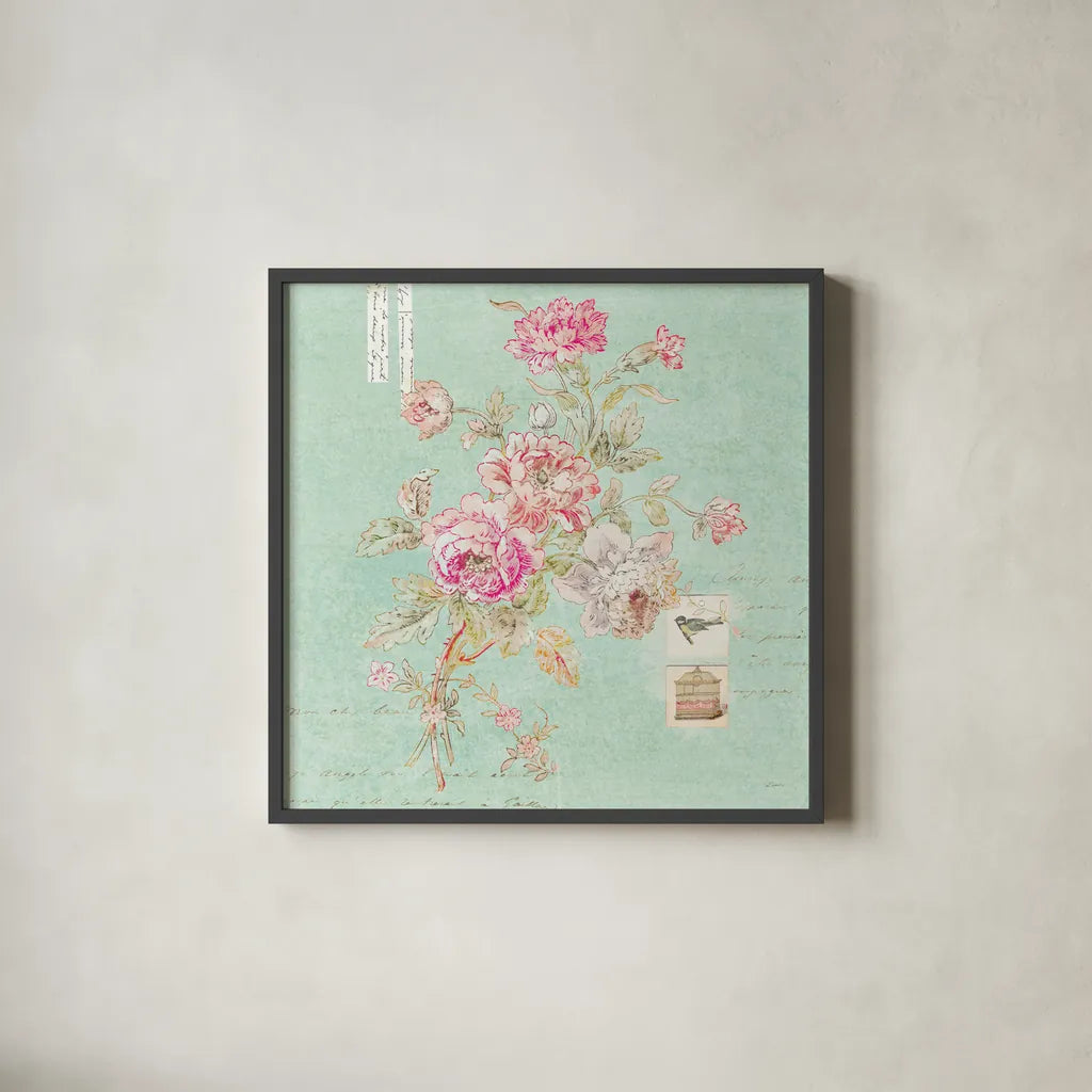 Cottage Roses II Blue by Sue Schlabach. Shown in a sleek black glass frame for a contemporary gallery look. Available as an archival giclee rolled canvas, fine art paper, or poster print. SKU 31600a.