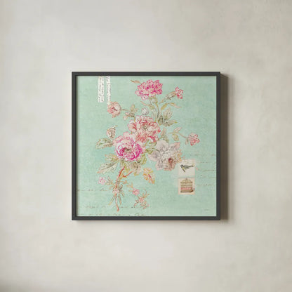 Cottage Roses II Blue by Sue Schlabach. Shown in a sleek black glass frame for a contemporary gallery look. Available as an archival giclee rolled canvas, fine art paper, or poster print. SKU 31600a.