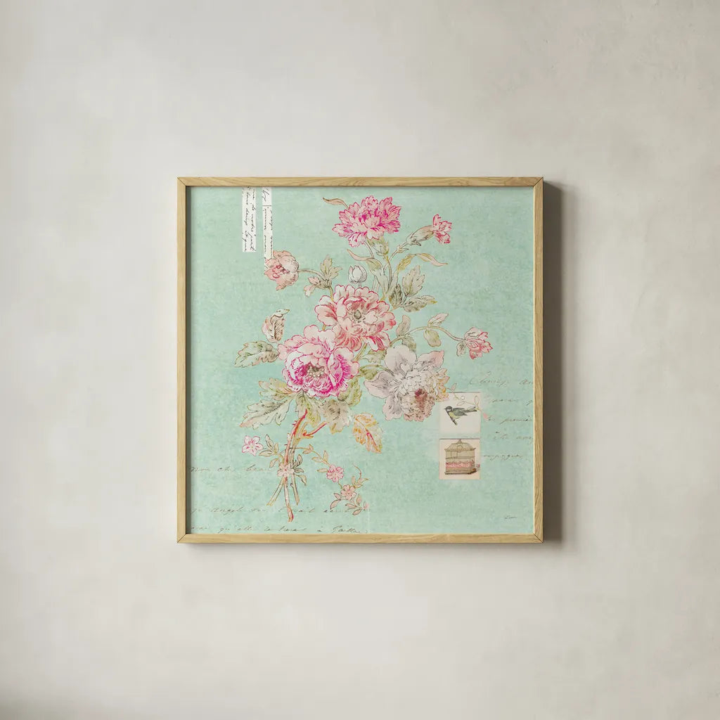 Cottage Roses II Blue by Sue Schlabach. Shown in a natural wood glass frame for a timeless modern aesthetic. Available as an archival giclee rolled canvas, fine art paper, or poster print. SKU 31600a.