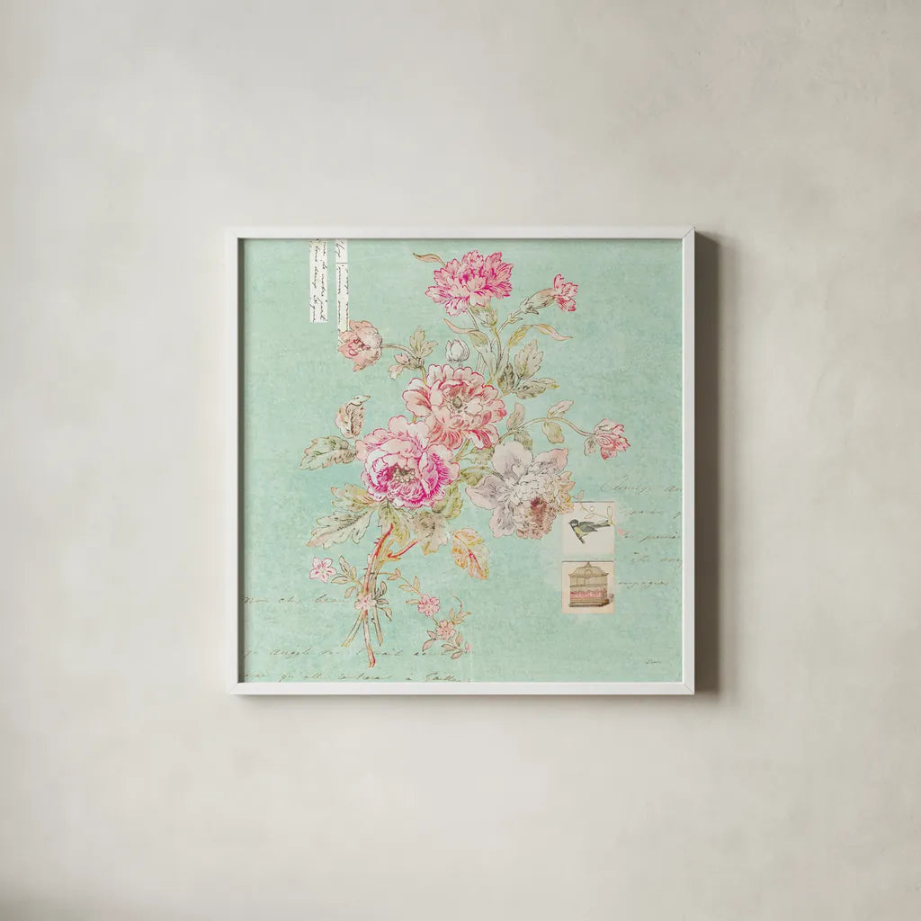 Cottage Roses II Blue by Sue Schlabach. Shown in a crisp white glass frame for a clean and minimalist style. Available as an archival giclee rolled canvas, fine art paper, or poster print. SKU 31600a.