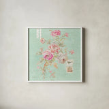 Cottage Roses II Blue by Sue Schlabach. Shown in a crisp white glass frame for a clean and minimalist style. Available as an archival giclee rolled canvas, fine art paper, or poster print. SKU 31600a.