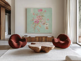 Cottage Roses II Blue by Sue Schlabach. Shown as extra-large giant wall art in a modern living room. Available as an archival giclee rolled canvas, fine art paper, or poster print. SKU 31600a.