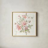 Cottage Roses III by Sue Schlabach. Shown in a natural wood glass frame for a timeless modern aesthetic. Available as an archival giclee rolled canvas, fine art paper, or poster print. SKU 31598a.