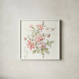 Cottage Roses III by Sue Schlabach. Shown in a crisp white glass frame for a clean and minimalist style. Available as an archival giclee rolled canvas, fine art paper, or poster print. SKU 31598a.