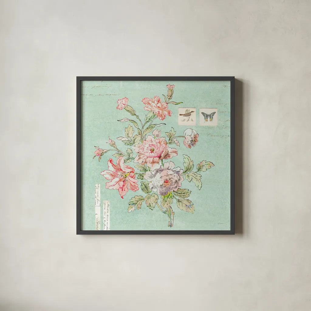 Cottage Roses III Blue by Sue Schlabach. Shown in a sleek black glass frame for a contemporary gallery look. Available as an archival giclee rolled canvas, fine art paper, or poster print. SKU 31601a.