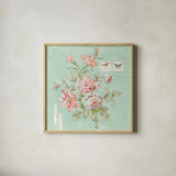 Cottage Roses III Blue by Sue Schlabach. Shown in a natural wood glass frame for a timeless modern aesthetic. Available as an archival giclee rolled canvas, fine art paper, or poster print. SKU 31601a.