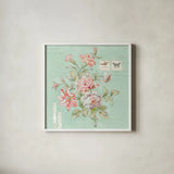 Cottage Roses III Blue by Sue Schlabach. Shown in a crisp white glass frame for a clean and minimalist style. Available as an archival giclee rolled canvas, fine art paper, or poster print. SKU 31601a.