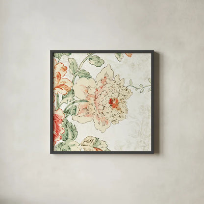 Cottage Roses IV by Sue Schlabach. Shown in a sleek black glass frame for a contemporary gallery look. Available as an archival giclee rolled canvas, fine art paper, or poster print. SKU 31614a.