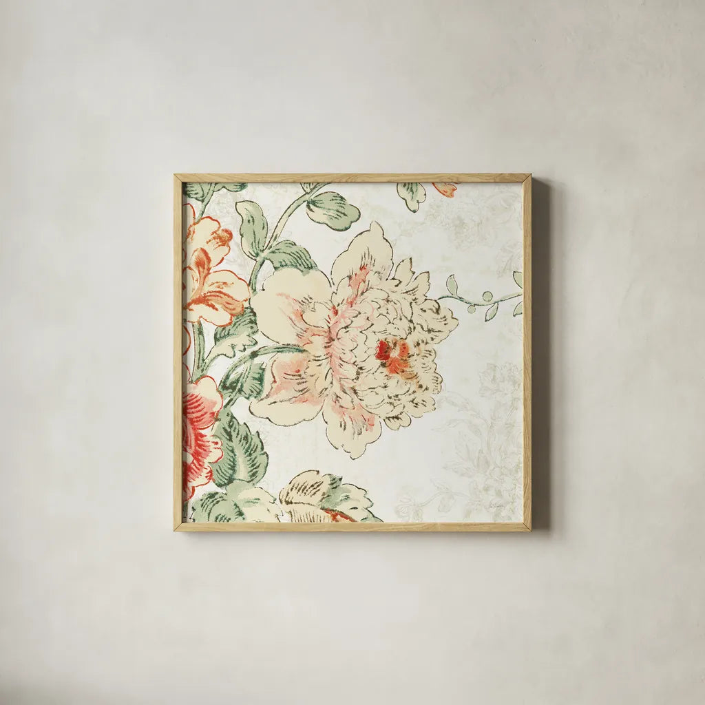 Cottage Roses IV by Sue Schlabach. Shown in a natural wood glass frame for a timeless modern aesthetic. Available as an archival giclee rolled canvas, fine art paper, or poster print. SKU 31614a.