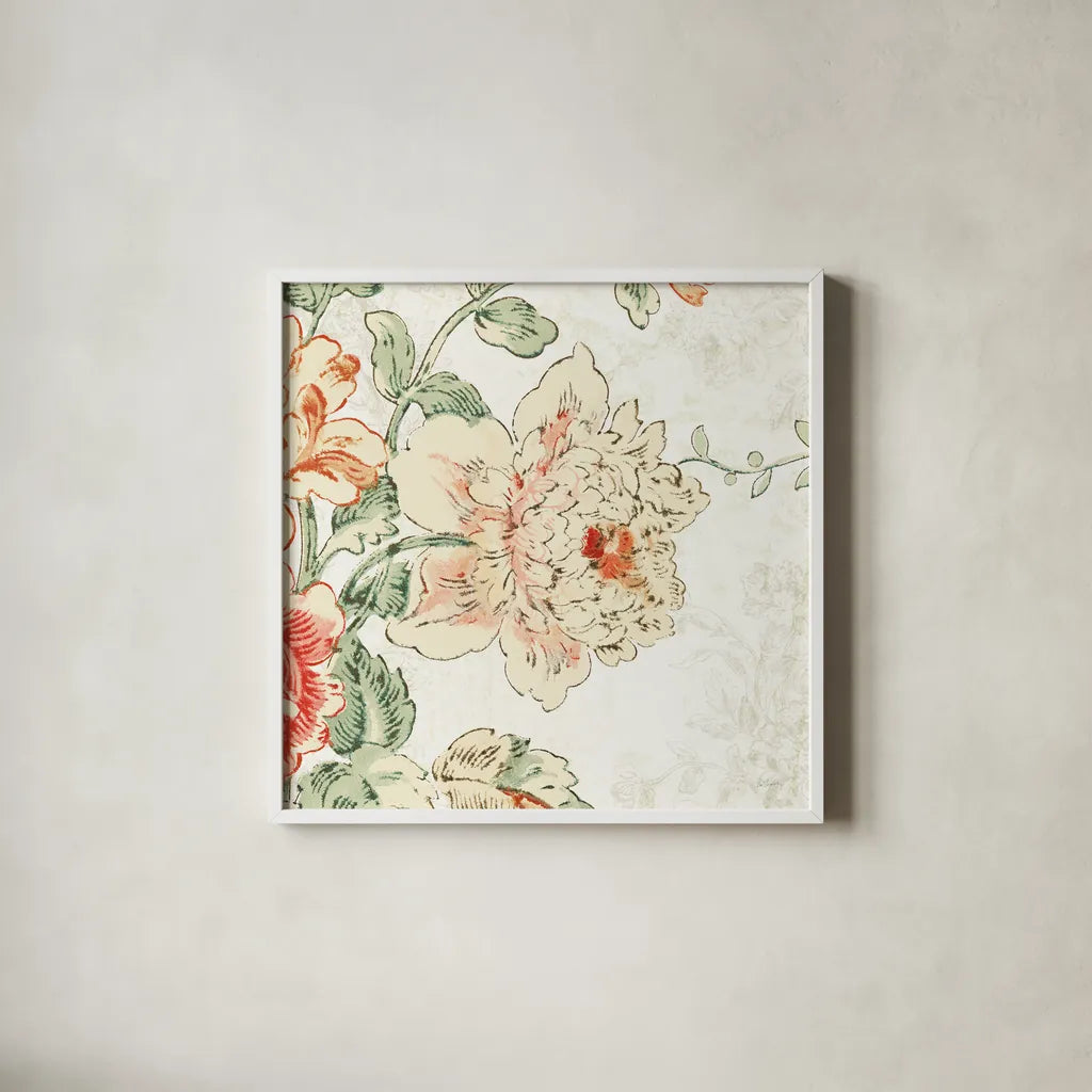 Cottage Roses IV by Sue Schlabach. Shown in a crisp white glass frame for a clean and minimalist style. Available as an archival giclee rolled canvas, fine art paper, or poster print. SKU 31614a.