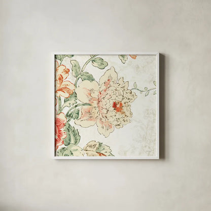 Cottage Roses IV by Sue Schlabach. Shown in a crisp white glass frame for a clean and minimalist style. Available as an archival giclee rolled canvas, fine art paper, or poster print. SKU 31614a.