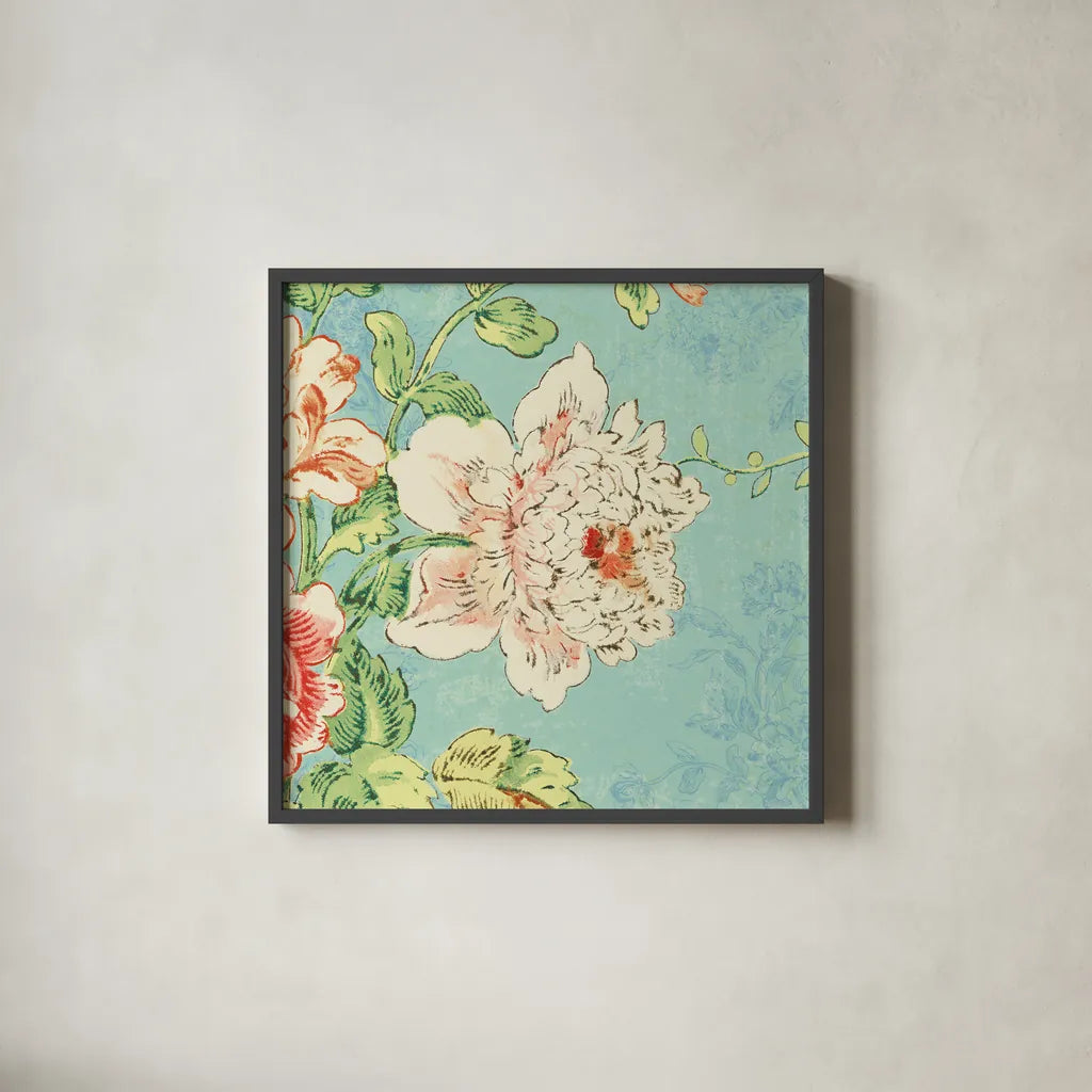 Cottage Roses IV Bright by Sue Schlabach. Shown in a sleek black glass frame for a contemporary gallery look. Available as an archival giclee rolled canvas, fine art paper, or poster print. SKU 31602a.