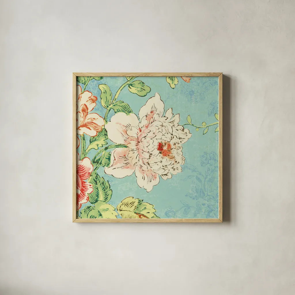 Cottage Roses IV Bright by Sue Schlabach. Shown in a natural wood glass frame for a timeless modern aesthetic. Available as an archival giclee rolled canvas, fine art paper, or poster print. SKU 31602a.