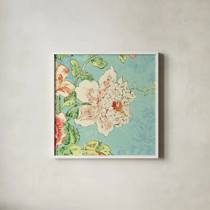 Cottage Roses IV Bright by Sue Schlabach. Shown in a crisp white glass frame for a clean and minimalist style. Available as an archival giclee rolled canvas, fine art paper, or poster print. SKU 31602a.