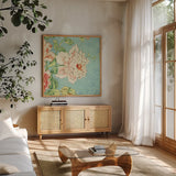 Cottage Roses IV Bright by Sue Schlabach. Shown in a natural wood frame in a cozy modern living room. Available as an archival giclee rolled canvas, fine art paper, or poster print. SKU 31602a.
