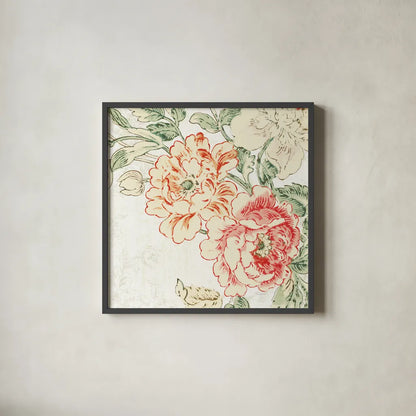 Cottage Roses V by Sue Schlabach. Shown in a sleek black glass frame for a contemporary gallery look. Available as an archival giclee rolled canvas, fine art paper, or poster print. SKU 31615a.