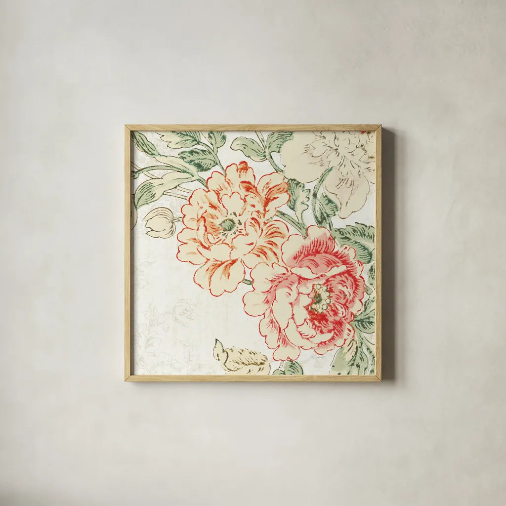 Cottage Roses V by Sue Schlabach. Shown in a natural wood glass frame for a timeless modern aesthetic. Available as an archival giclee rolled canvas, fine art paper, or poster print. SKU 31615a.