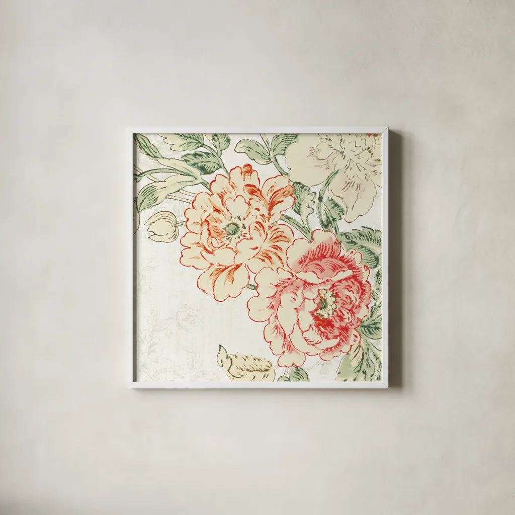 Cottage Roses V by Sue Schlabach. Shown in a crisp white glass frame for a clean and minimalist style. Available as an archival giclee rolled canvas, fine art paper, or poster print. SKU 31615a.