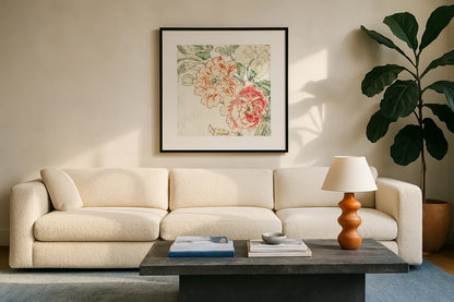 Cottage Roses V by Sue Schlabach. Displayed in a glass frame with matte in a clean modern living room. Available as an archival giclee rolled canvas, fine art paper, or poster print. SKU 31615a.