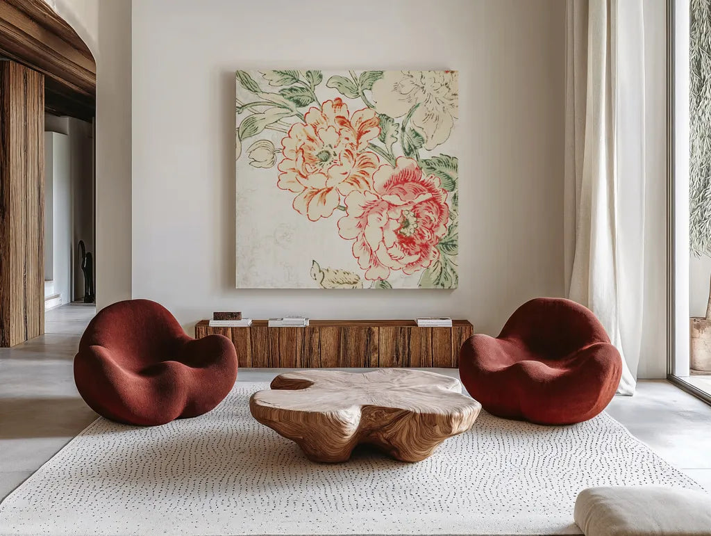 Cottage Roses V by Sue Schlabach. Shown as extra-large giant wall art in a modern living room. Available as an archival giclee rolled canvas, fine art paper, or poster print. SKU 31615a.