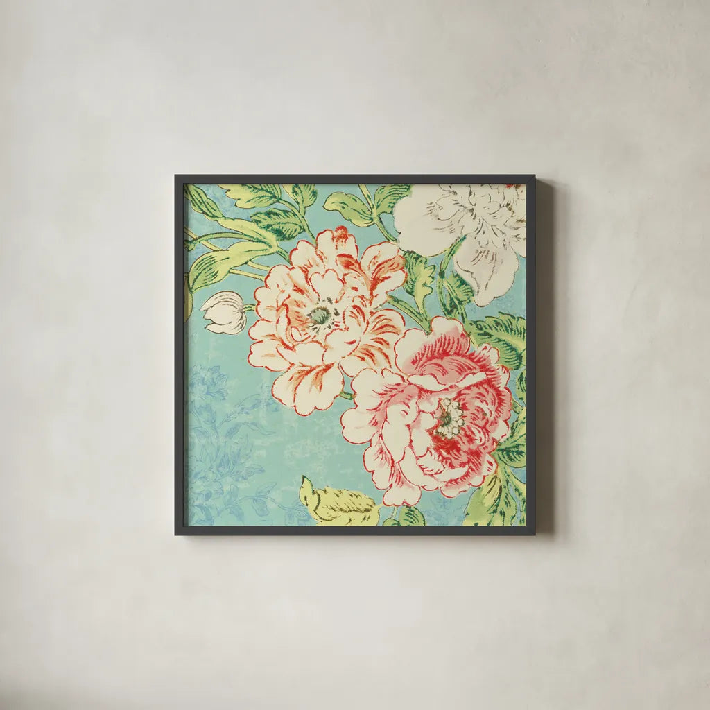 Cottage Roses V Bright by Sue Schlabach. Shown in a sleek black glass frame for a contemporary gallery look. Available as an archival giclee rolled canvas, fine art paper, or poster print. SKU 31603a.