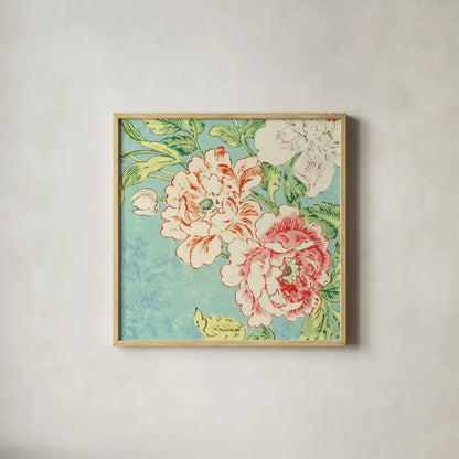 Cottage Roses V Bright by Sue Schlabach. Shown in a natural wood glass frame for a timeless modern aesthetic. Available as an archival giclee rolled canvas, fine art paper, or poster print. SKU 31603a.