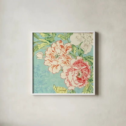 Cottage Roses V Bright by Sue Schlabach. Shown in a crisp white glass frame for a clean and minimalist style. Available as an archival giclee rolled canvas, fine art paper, or poster print. SKU 31603a.