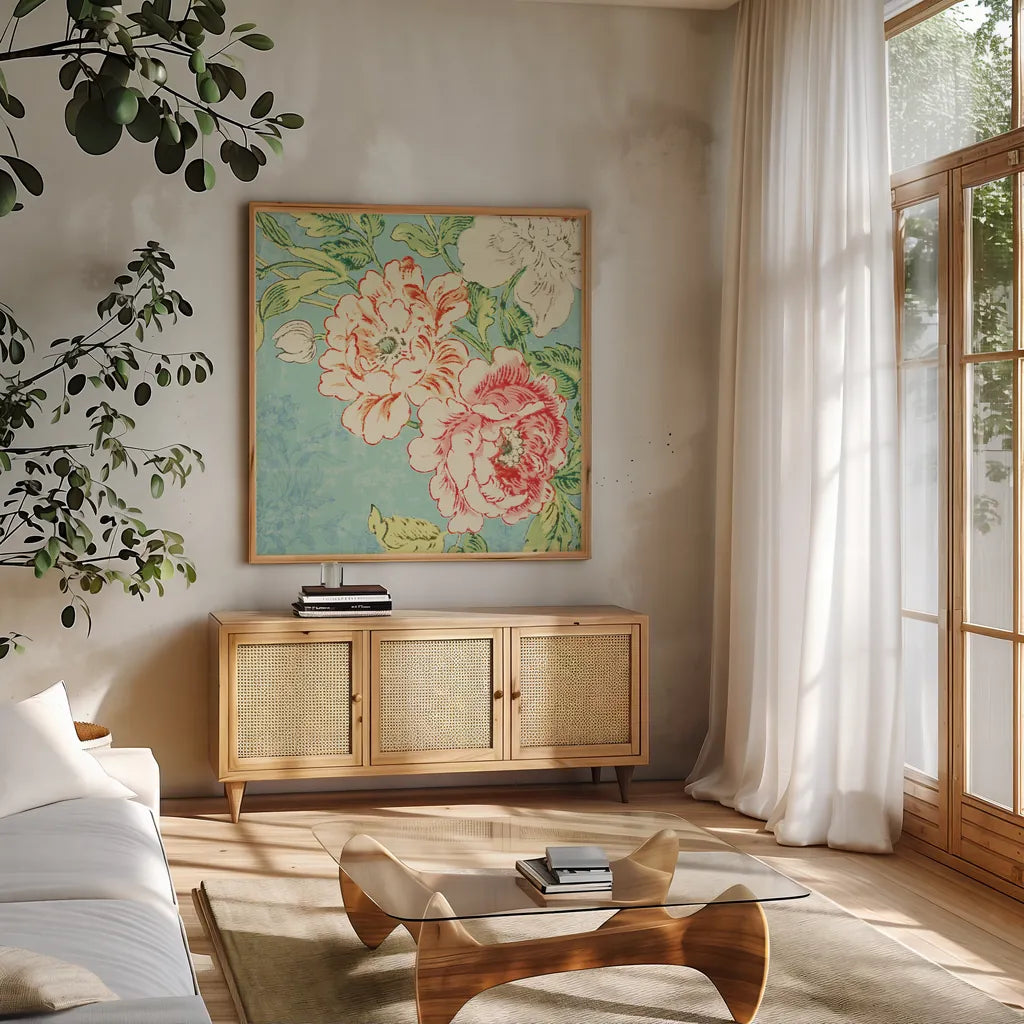 Cottage Roses V Bright by Sue Schlabach. Shown in a natural wood frame in a cozy modern living room. Available as an archival giclee rolled canvas, fine art paper, or poster print. SKU 31603a.