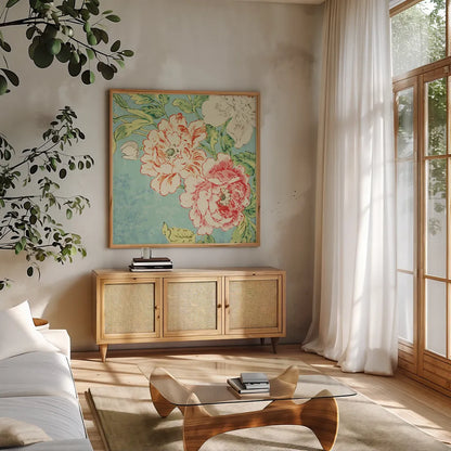 Cottage Roses V Bright by Sue Schlabach. Shown in a natural wood frame in a cozy modern living room. Available as an archival giclee rolled canvas, fine art paper, or poster print. SKU 31603a.