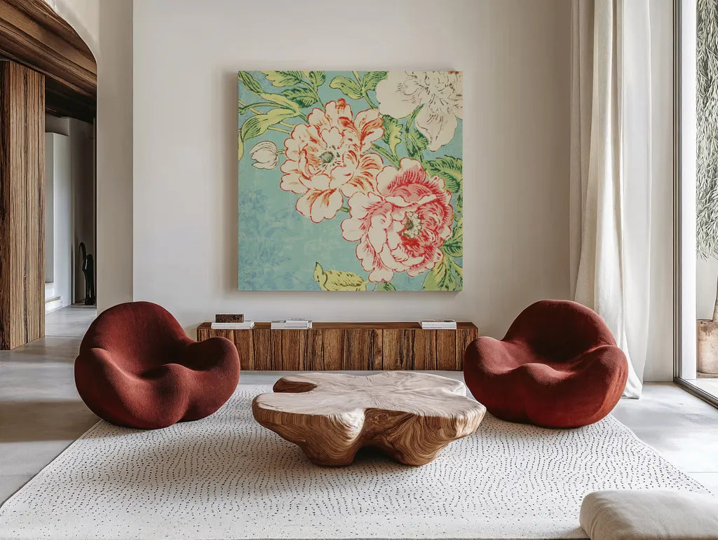Cottage Roses V Bright by Sue Schlabach. Shown as extra-large giant wall art in a modern living room. Available as an archival giclee rolled canvas, fine art paper, or poster print. SKU 31603a.