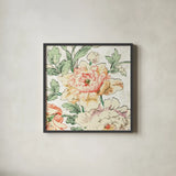 Cottage Roses VI by Sue Schlabach. Shown in a sleek black glass frame for a contemporary gallery look. Available as an archival giclee rolled canvas, fine art paper, or poster print. SKU 31616a.