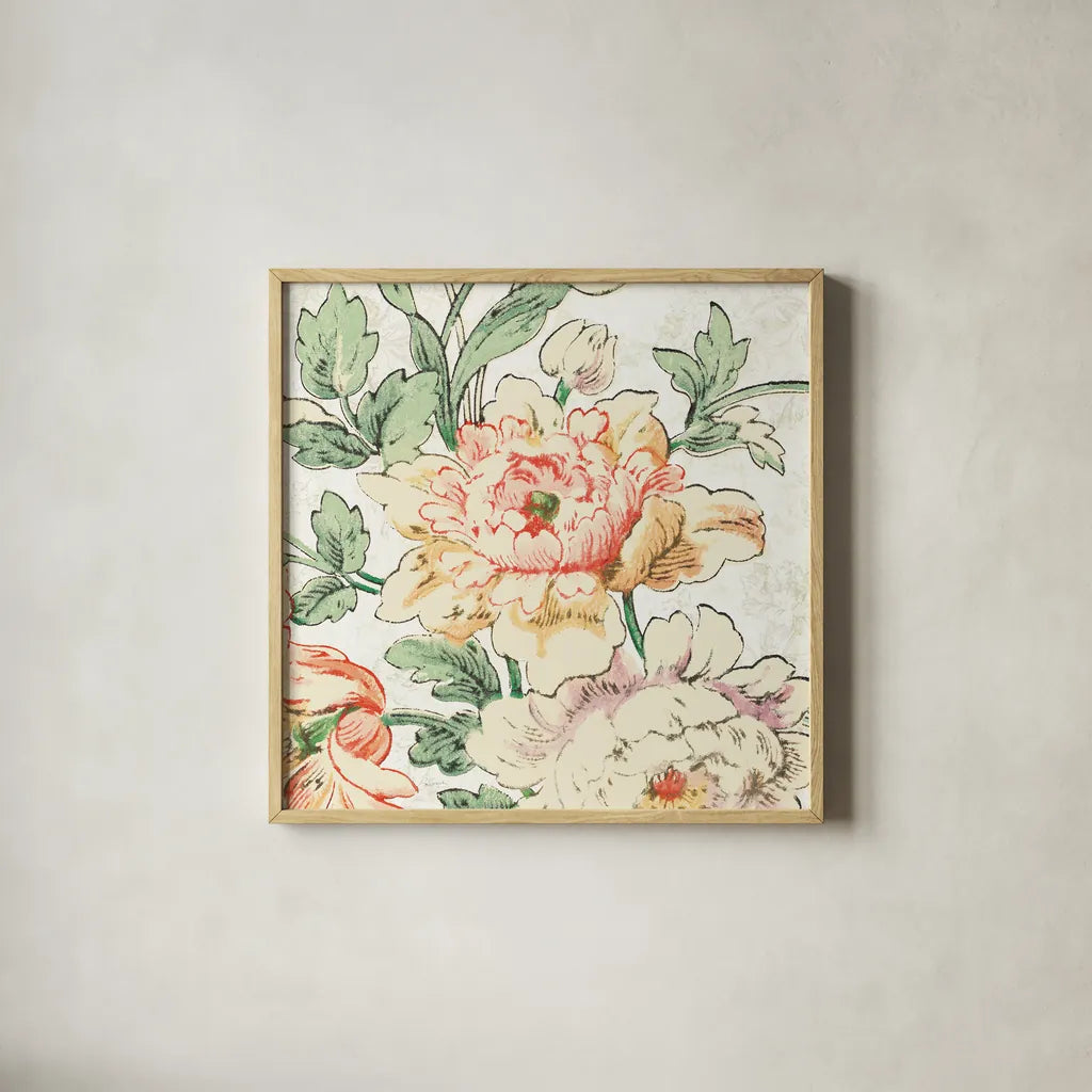Cottage Roses VI by Sue Schlabach. Shown in a natural wood glass frame for a timeless modern aesthetic. Available as an archival giclee rolled canvas, fine art paper, or poster print. SKU 31616a.